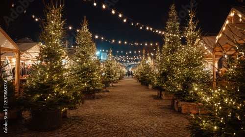  Christmas tree market with festive lights and fresh trees.

