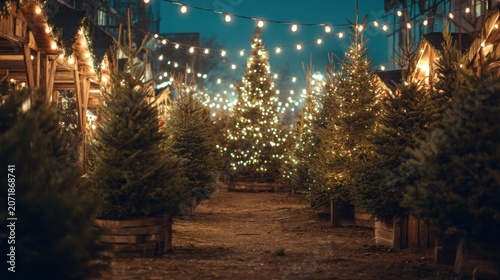  Christmas tree market with festive lights and fresh trees.
