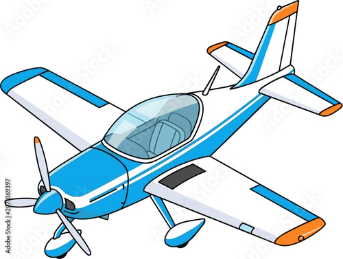 Single engine light propeller airplane vector illustration in an isometric transparent background