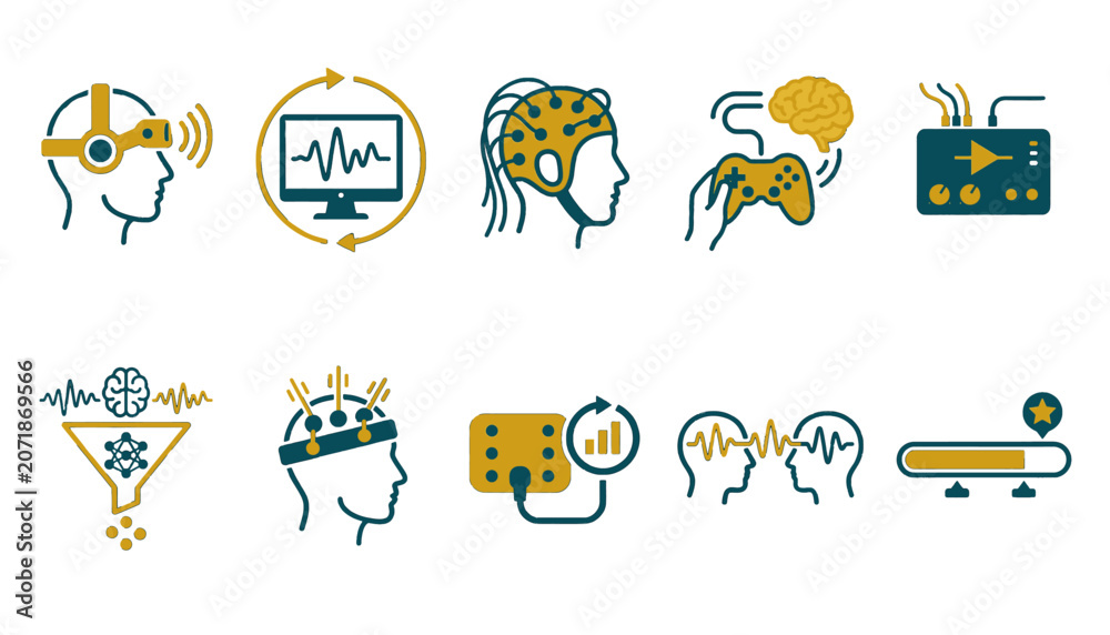 Fototapeta premium Neurofeedback and brain-computer interface technology symbols in dual-tone style for neurotech apps, BCI platforms, cognitive enhancement dashboards, and neurotechnology product UI design tools.
