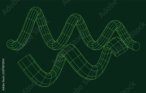 3D Neon Green Aquarius Zodiac Sign Wireframe Vector.