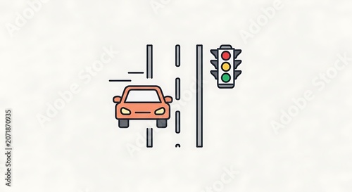 Orange car driving on the road with traffic light symbol.