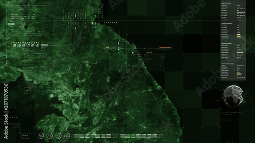 Global satellite surveillance map, tactical military intelligence interface, geopolitical data visualization, cyber warfare concept, strategic monitoring, dark cinematic tech background : North Korea