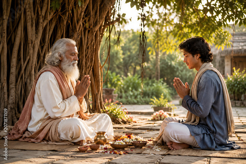 Guru purnima disciple offering prayer to serene guru at cave temple with flowers for hindu relegious festival blessing devotion and respect tradition