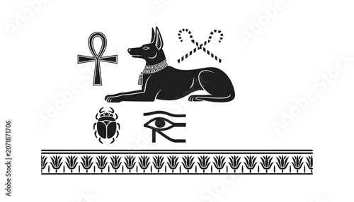 Ancient egyptian ankh and anubis vector icon set