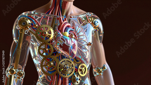 Steampunk human torso with exposed clockwork and organs.