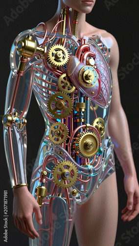 Steampunk human body with intricate clockwork mechanisms.