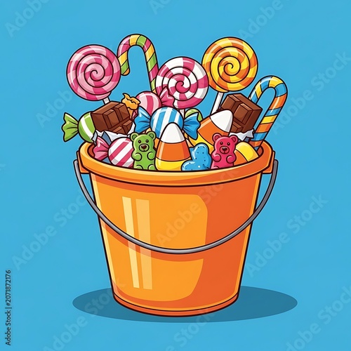 Orange Halloween Trick or Treat Bucket Filled with Assorted Candy.