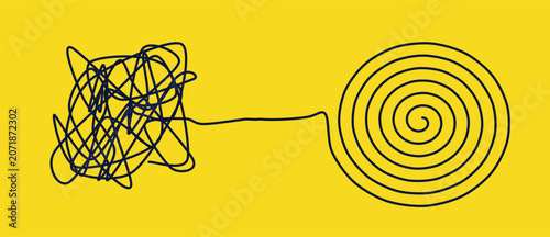 Tableau sur toile Tangled scribble to spiral line art, black lines on yellow.