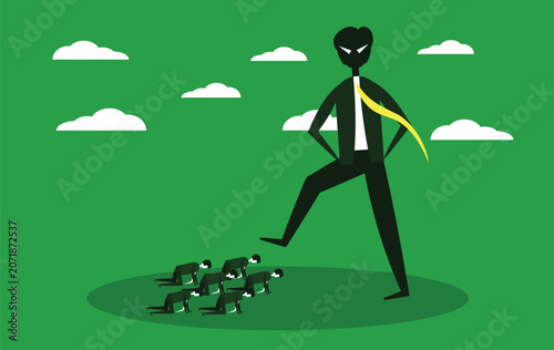Obraz na plátně Giant evil boss stepping on tiny crawling employees