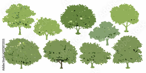 Foto Collection of green watercolor trees on a white background depicting various fol