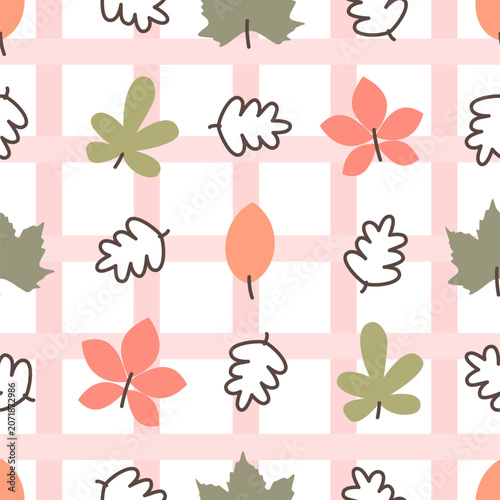 cute hand drawn autumn fall seasonal colorful leaves seamless vector pattern illustration on gingham pink background