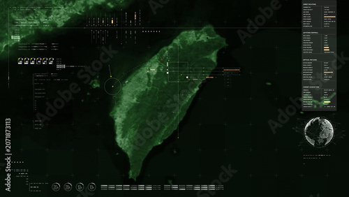 Fotografía Global satellite surveillance map, tactical military intelligence interface, geo