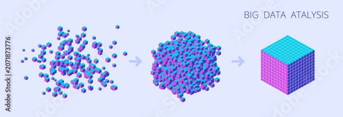 Big data analysis cube transformation, isometric purple cyan illustration.