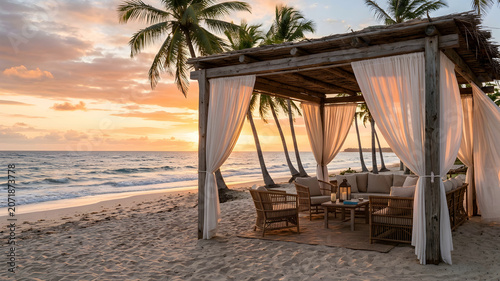 Cozy beach cabana with flowing white linen curtains offering a serene view of swaying palm trees and clear blue skies at sunset