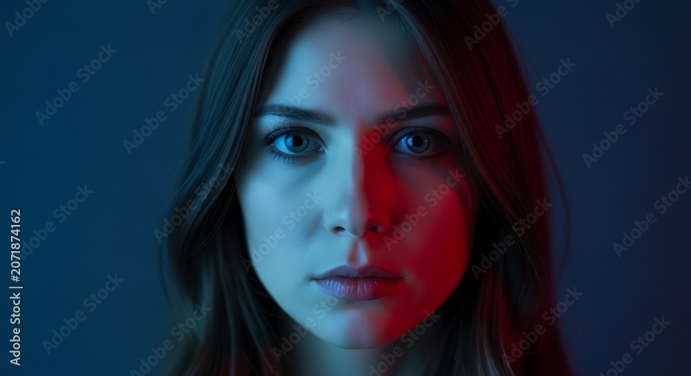 Naklejka premium Portrait of a young woman with split blue and red neon lighting.