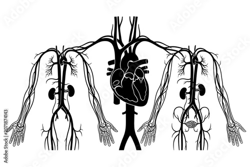 Set of human internal organs and circulatory system silhouette