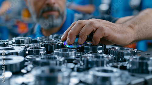 Certification examiner affixing a holographic quality seal to a batch of finished metal components on an inspection table in a precision machining facility, badge of excellence concept in manufactur