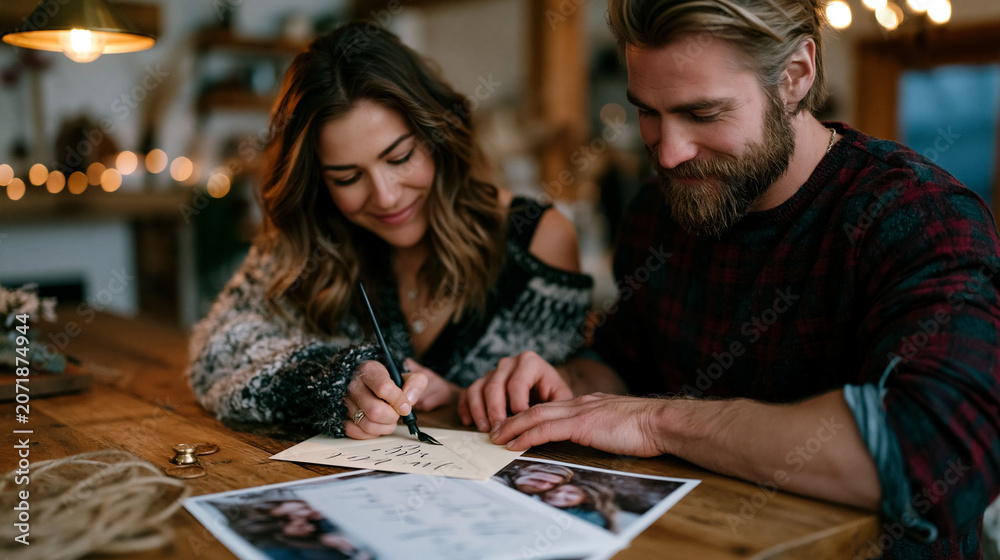 Fototapeta premium Couple at wooden kitchen table addressing cream envelope for save the date announcement, calligraphy pen in hand, engagement portrait proofs spread across surface beside wax seal stamp and twine bes