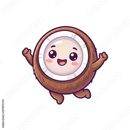 Coconut Happy Fruit Mascot Character Celebrating Joyful Healthy Lifestyle Illustration