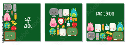Back to School Posters Set with Cute Kawaii School Supplies and Classroom Characters