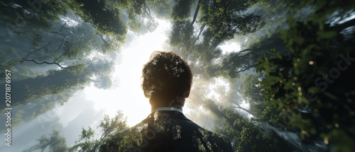 Lost in the Emerald Canopy: A solitary figure gazes upwards, surrounded by towering ancient trees, sunlight filtering through the dense foliage, creating an ethereal, almost spiritual.
