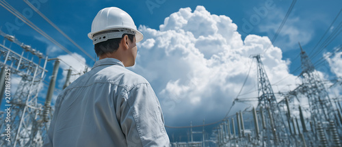 Power Engineer Surveying Grid: A focused engineer, clad in a hard hat, surveys a vast electrical substation with towering pylons and expansive clouds under a bright blue sky.