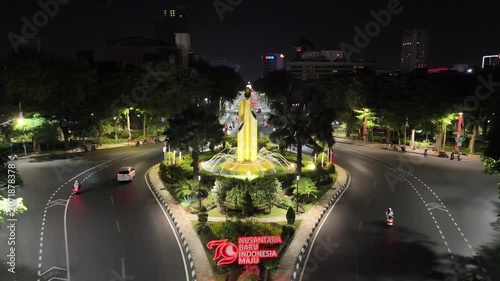 Night View of Bambu Runcing Monument in Surabaya, Indonesia – Aerial Drone Footage