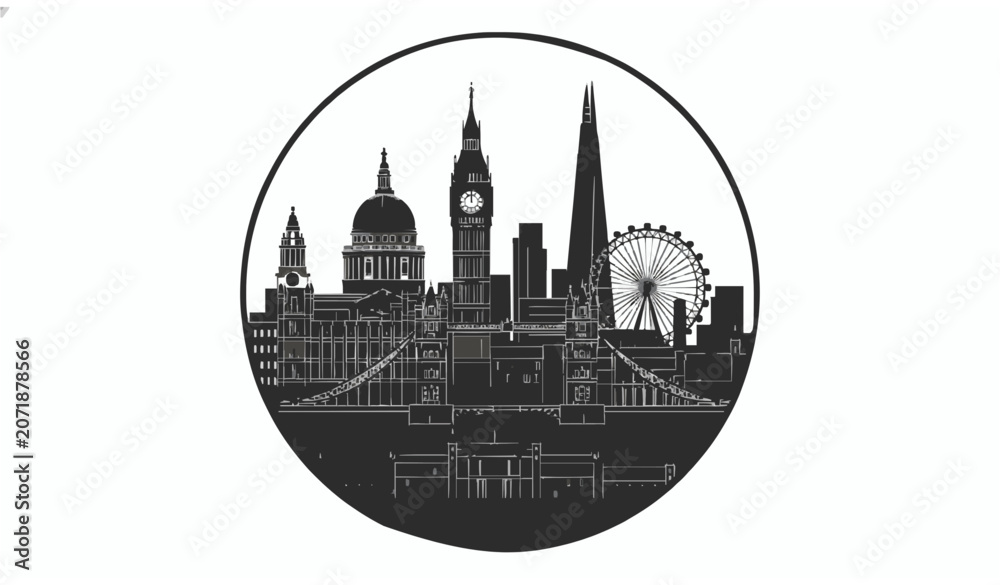 Obraz premium Elegant London City Skyline Silhouette Vector Illustration with Famous UK Landmarks