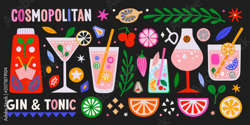 Cuadro en lienzo Cocktail and citrus fruit vector illustration with bold typography on a black ba