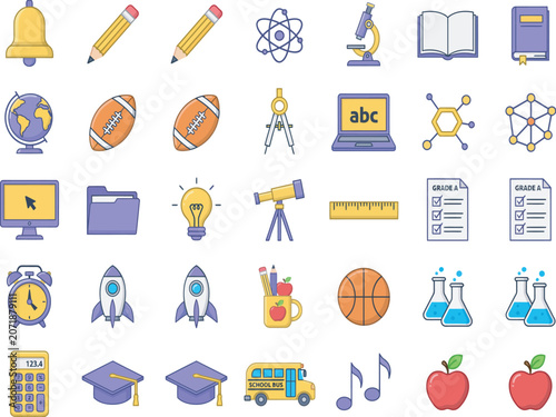 Fotografi Comprehensive school education icon collection featuring stationery, science tools, sports equipment and academic achievement symbols in a modern purple and yellow vector style