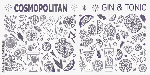 Bild auf Leinwand Cosmopolitan And Gin Tonic Illustration A Hand Drawn Vector Arrangement Of Citru