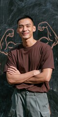 Smiling man with crossed arms posed before chalkboard bicep drawings for motivation poster and background design