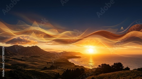 Golden hour sunset over rolling coastal hills with abstract light waves