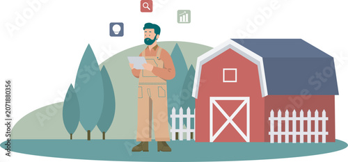 Smart Farming Technology with Farmer and Barn 2D Vector Illustration