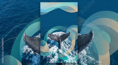Humpback whale tail flukes break the ocean surface with water splashing in a wide shot from above.