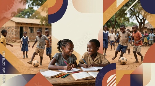 African children in simple clothes play football and study at a village school. Rural African students learning and enjoying outdoors.