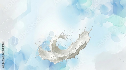Dynamic milk splash with droplets, abstract blue watercolor background, geometric shapes.