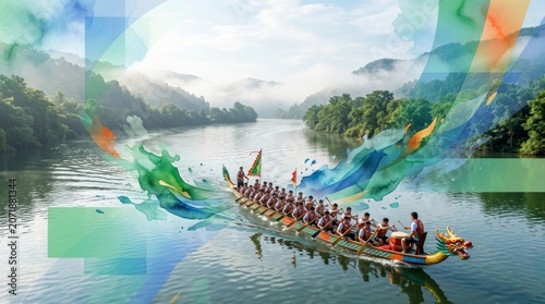 Men in athletic clothing rowing a dragon boat during a race on a scenic river with misty mountains.