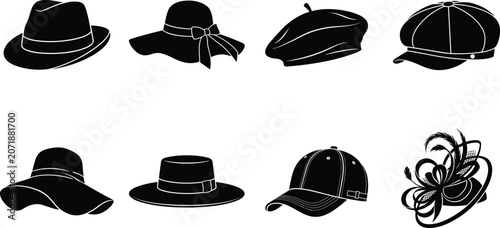 Konstfotografi Set of Hat Silhouettes Featuring Fedora, Sun Hat with Bow, Beret, Newsboy Cap, B