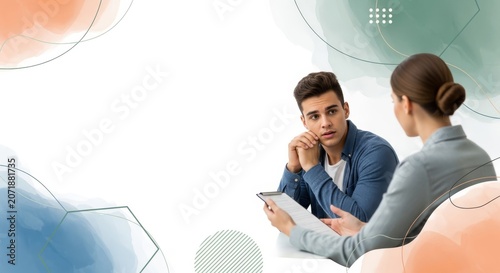 Young man in blue shirt listening to a woman with clipboard in a modern office setting.