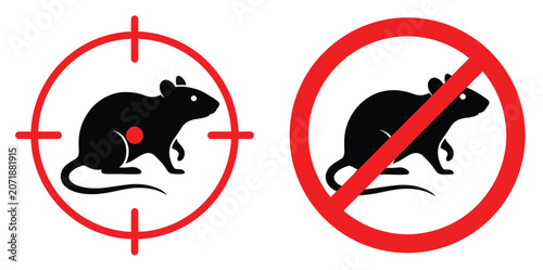 Foto Rat pest control icons, rodent extermination symbols with target and prohibition