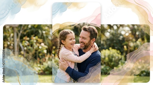 Smiling Caucasian father hugging his happy daughter in a sunny garden