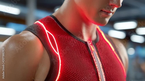 Futuristic Fitness Wear: A close-up of a muscular man wearing a high-tech, red athletic vest with glowing neon accents, designed for peak performance and modern style.