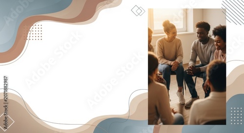 Group of young adults in casual clothing sitting in a circle, engaged in conversation in a bright, modern room.