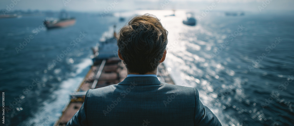 Fototapeta premium A Visionary Leader's Journey: A determined businessman in a sharp suit gazes out at a vast expanse of ocean dotted with cargo ships.