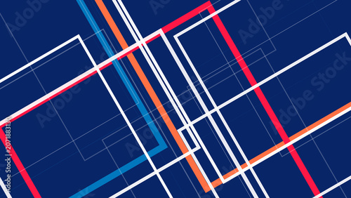 A stylized city-map backdrop of intersecting geometric lines in bold blue, red, and white, creating an energetic, modern mood for design, tech, or transit concepts.