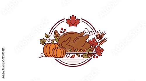 Thanksgiving Turkey Dinner Illustration with Pumpkins and Maple Leaves