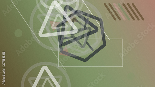 Obraz na płótnie Abstract road signs float over a muted green backdrop with geometric outlines and digital glitch energy, creating a futuristic mood for tech, navigation, or safety concepts
