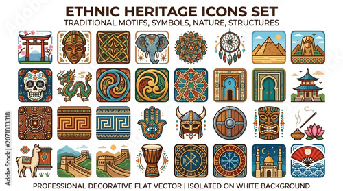 Ethnic heritage icons set symbols.